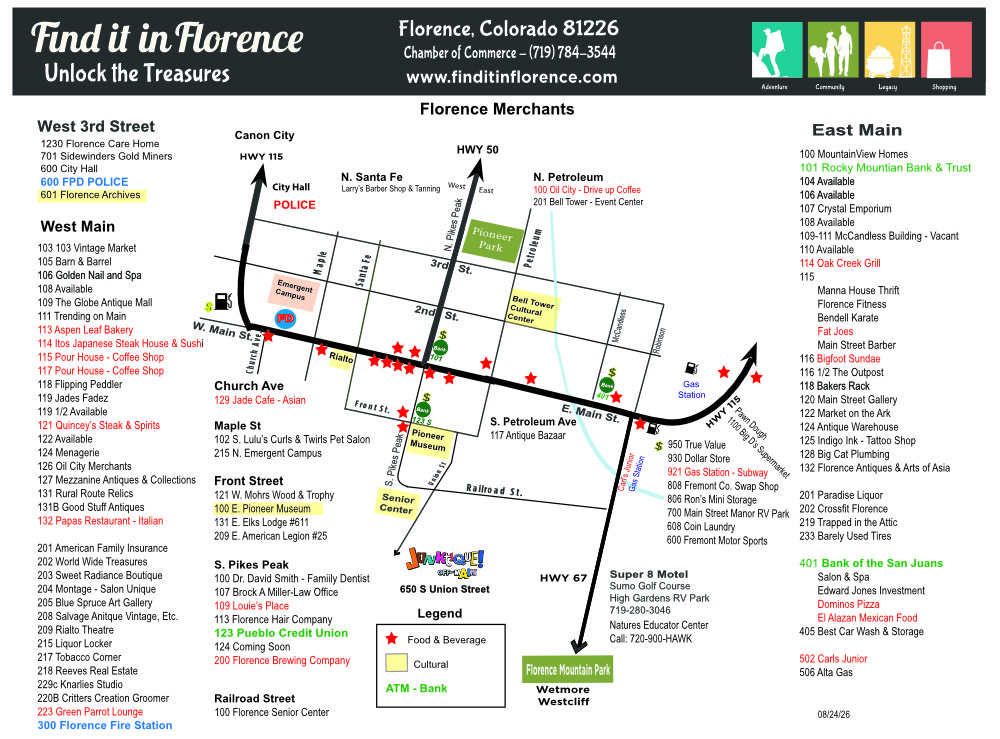 Downtown Merchants Map in Florence, Colorado